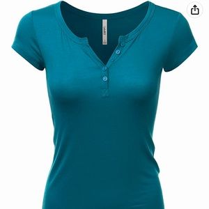 Four Women's Deep V-Neck Short Sleeve Basic Henley Button T-Shirt